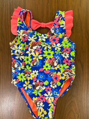 BUC-EE’S Girls' Bright Floral One-Piece Swimsuit with Coral Ruffle Straps